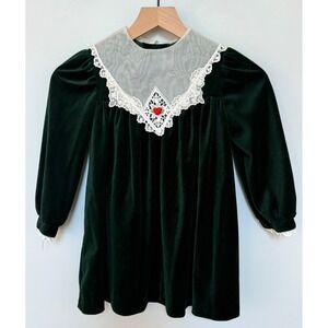 Bonnie Jean Vintage Velvet Dress Girls Size 6 Green Lace Collar Holiday‎ Party
